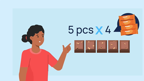 Child pointing to 5 squares of chocolate.