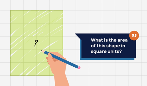 Rectangular shape showing shaded grid squares and a question mark prompt and to the right the question text, ‘What is the area of this shape in square units?’ 