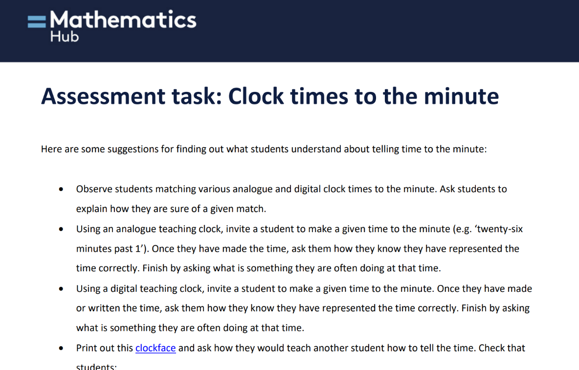 Clock times to the minute assessment activity Image