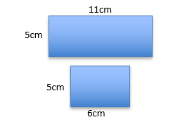 One rectangle labelled as 5cm wide and 11cm long above a shorter rectangle labelled as 5cm wide and 6cm long.