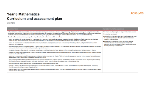 Year 8 Mathematics: Curriculum and assessment plan Image
