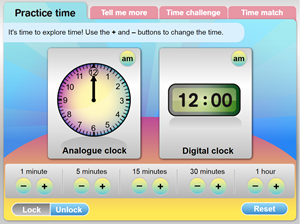 Analogue and digital clock side by side, each showing 12:00.