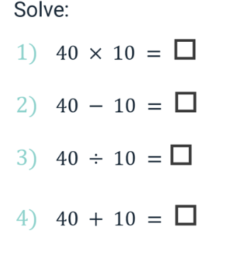 A set of four equations with blank boxes for answers