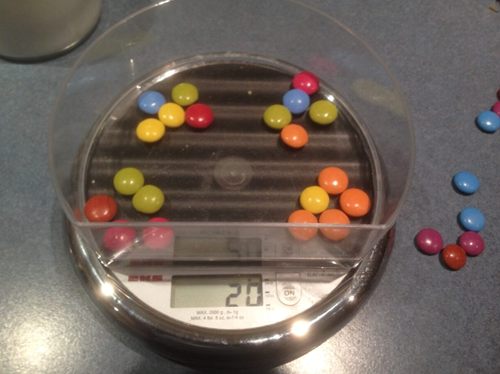 Digital kitchen scale with 4 groups of 5 Smarties in each corner of the weighing plate. Scale weight reads: 20 g. To the right of the scales is a scattering of more Smarties.