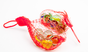 Two mesh bags, each filled with marbles