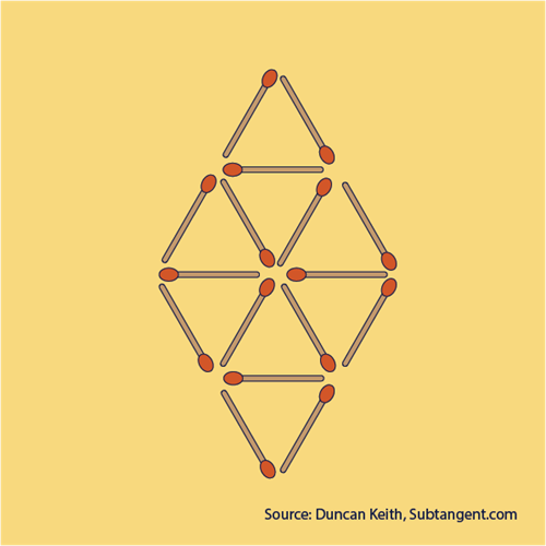 ixteen brown matchsticks with red ‘heads’ are arranged in a pattern on yellow background.