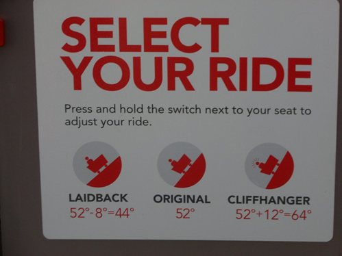 Sign at a theme park showing three options for seat position on the Leaning Tower of Pisa ride. Infographics for the three seat positions show the increasing steepness of the three options. Text reads: Select your ride. Press and hold the switch next to your seat to adjust your ride. Laidback: 52 degrees, minus 8 degrees equals 44 degrees; Original: 52 degrees; Cliffhanger: 52 degrees plus 12 degrees equals 64 degrees.