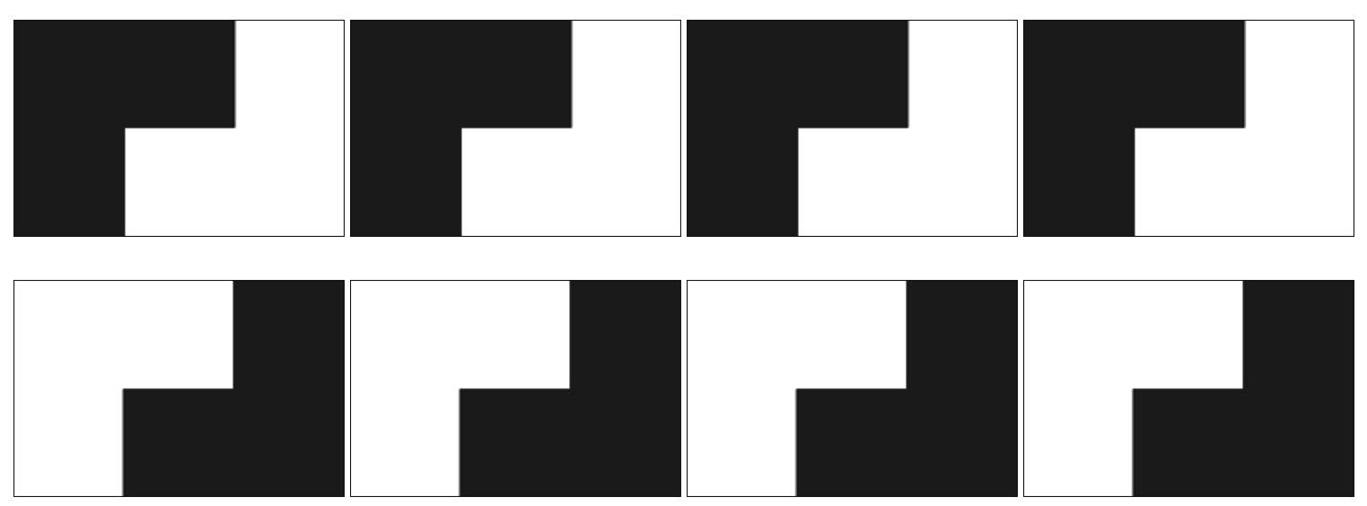 Image of four trominos in a row with gaps inbetween for demonstration purposes. Below is another row of four trominos that have been rotated one half turn and slid down.