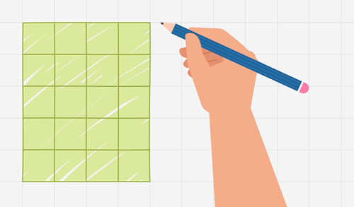 Rectangular shape of gridded squares with a hand holding a pencil.