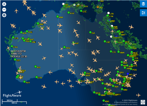 An image showing real-time flights over a map of Australia.