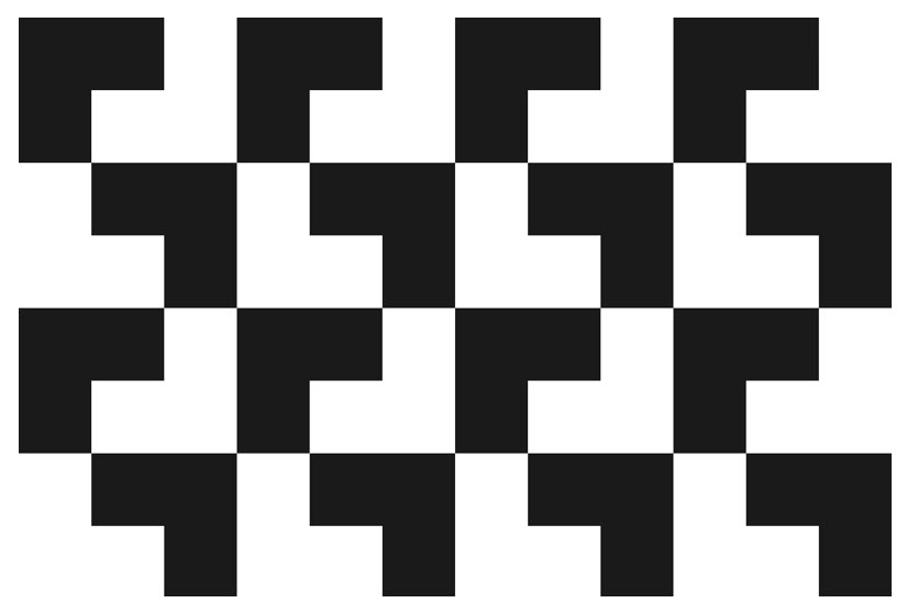 Image of 16 trominos, sorted 4 across and 4 down. The tromino has been slid along four times. The last tromino in the row is rotated a half turn and slid down, before the process is repeated again, forming a tessellation pattern.