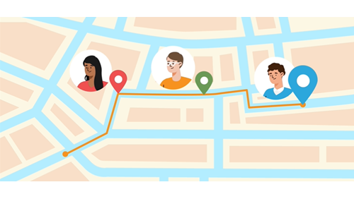 A map of a town showing three people and a line joining them along the route.