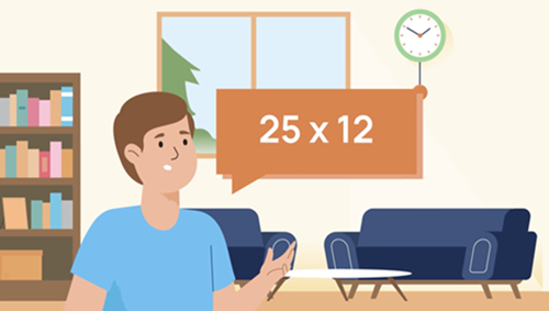 Child with a caption of a multiplication problem.