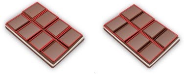Two unwrapped blocks of milk chocolate next to each other. Each block is made up of four rows, with two pieces in each row.