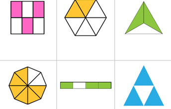 An array of shapes showing fractions of colour